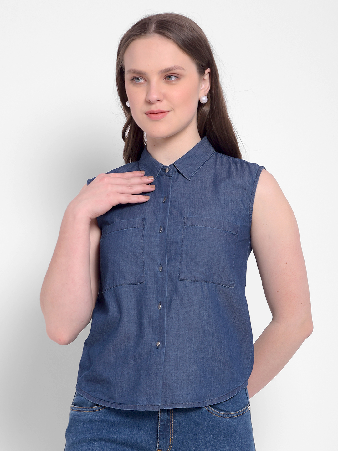 Numero Uno Women Sleeveless Denim Shirt